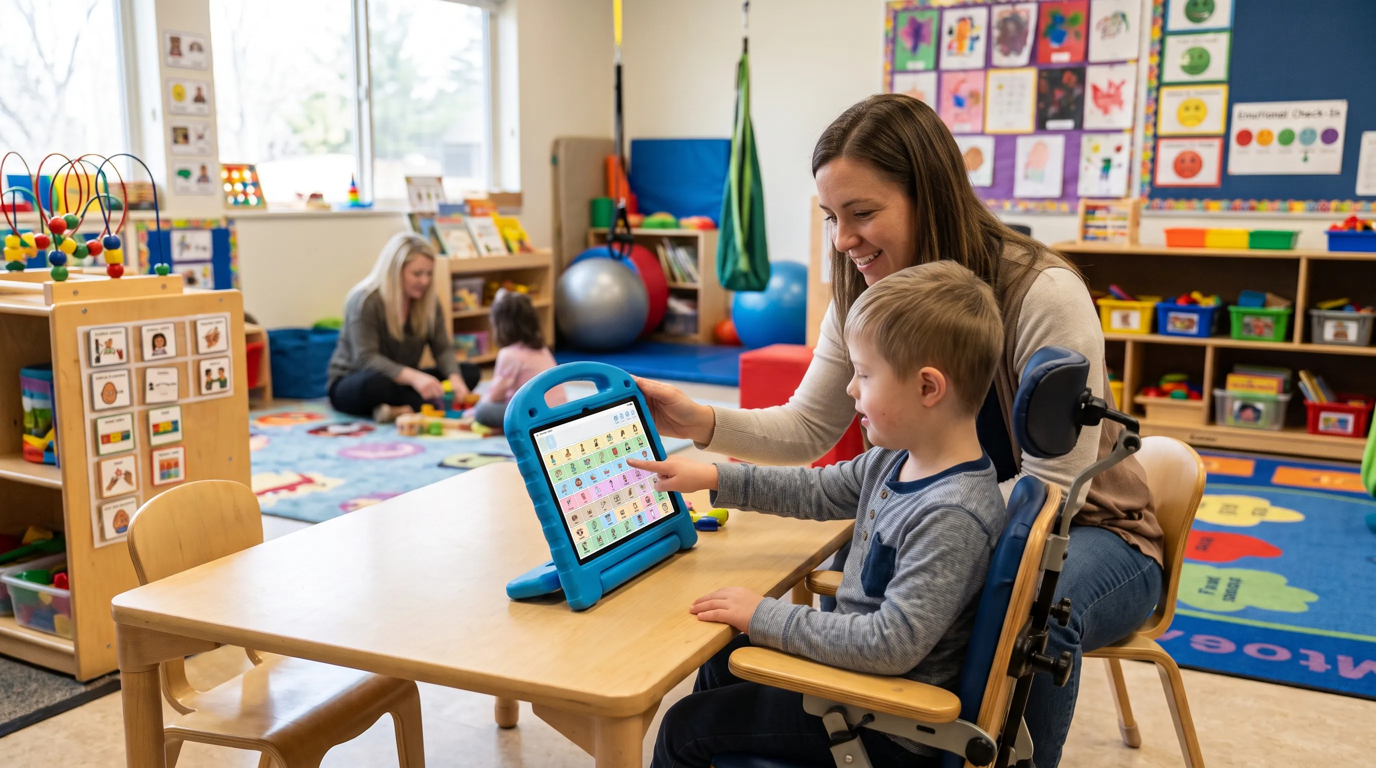 Illustration of adults supporting a child with AAC in a classroom