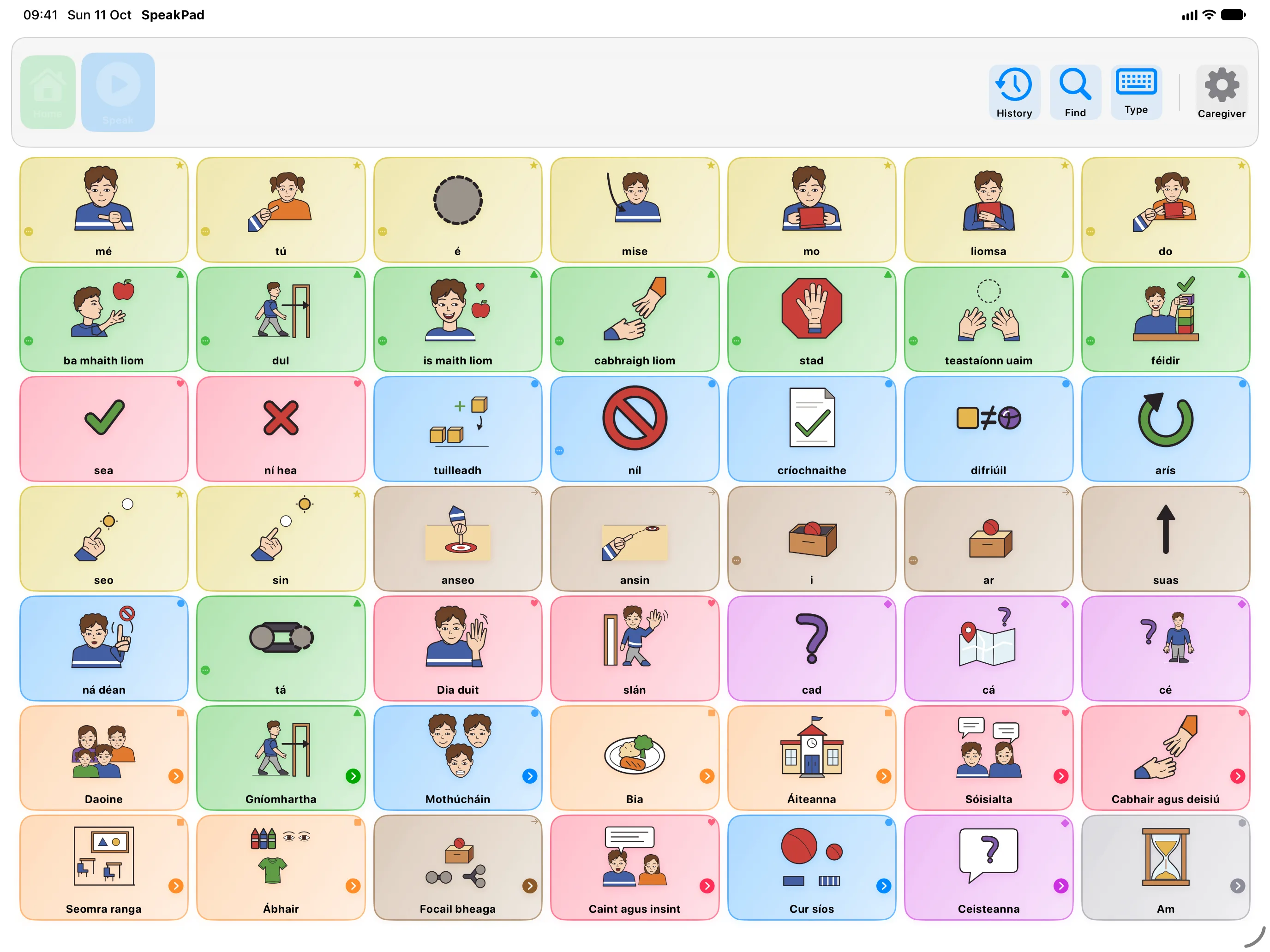 SpeakPad on iPad with an Irish board and English menus