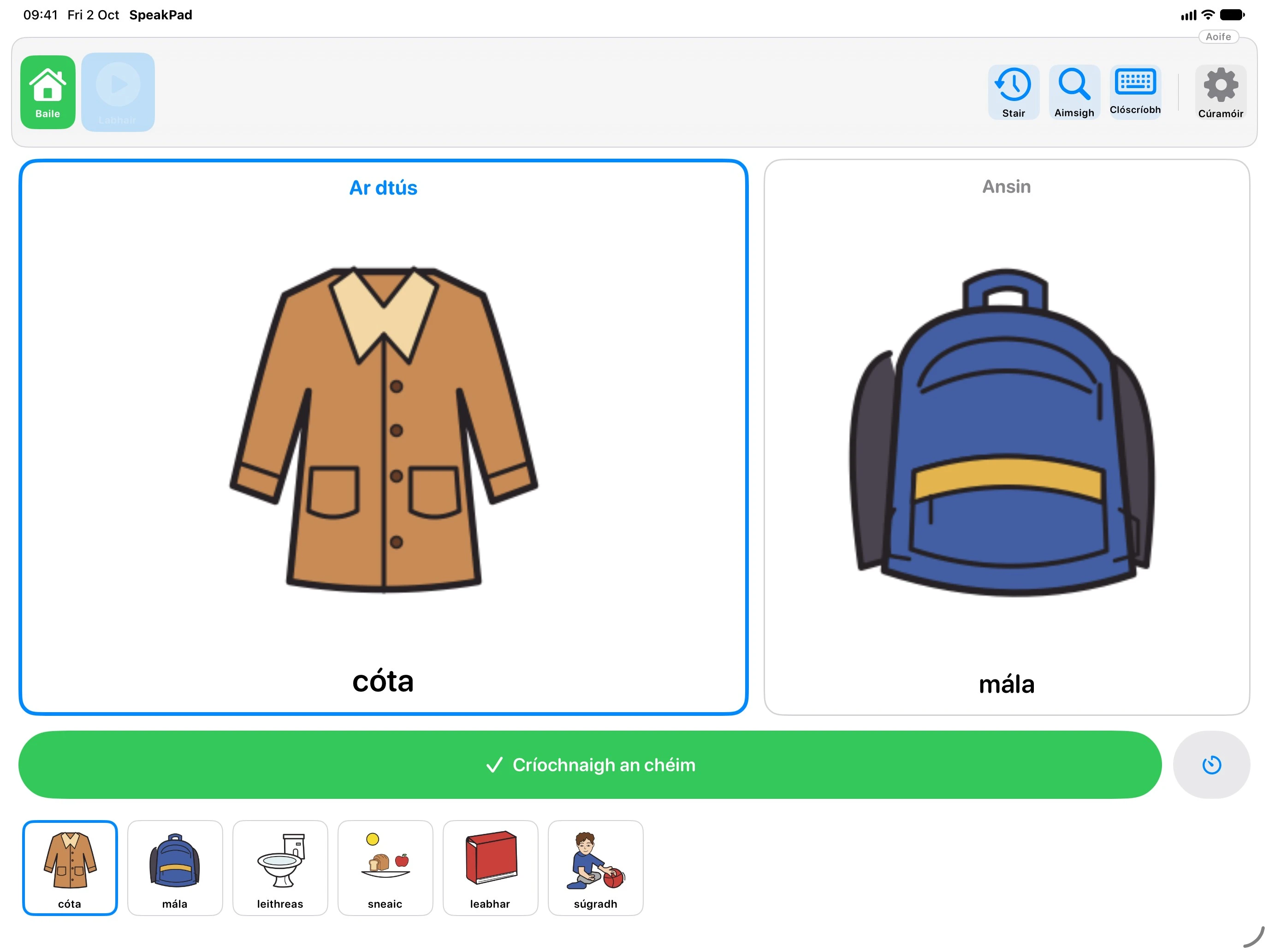 Sceideal SpeakPad ar iPad: cárta mór Ar dtús, cárta Ansin, cnaipe Críochnaigh an chéim agus stiall céimeanna